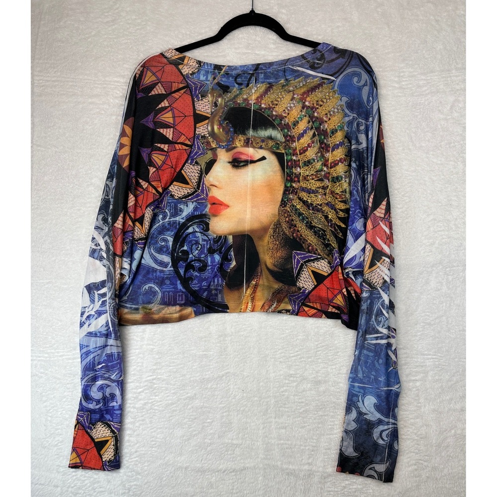 Blush Egyptian Graphic Crop Top Womens Large Blue Rhinestone Long Sleeve